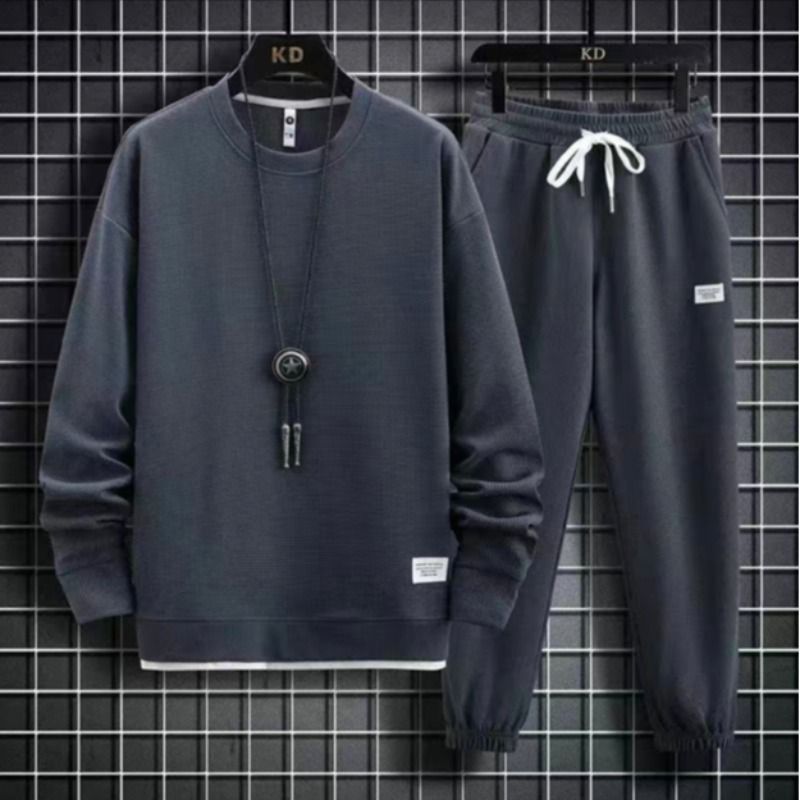 Men's Clothing Waffle Round Neck Sweater Suit Autumn And Winter New Style Pure Color Leisure Loose Long Sleeve Top_viptrois.com