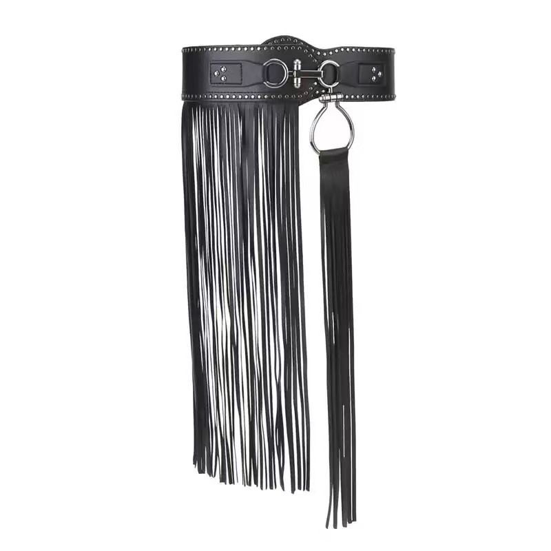 Punk Rock Fringe Waist Cincher - Adjustable Wide Belt With Chains & Studs For Edgy Layering_viptrois.com