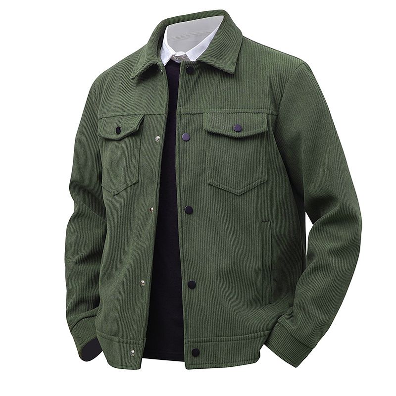 Men's Solid Color Corduroy Jacket Spring Autumn American Style Workwear Collared Black Khaki Gray Full Sleeve Machine Washable_viptrois.com