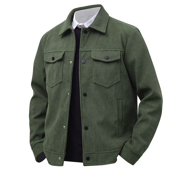 Men's Solid Color Corduroy Jacket Spring Autumn American Style Workwear Collared Black Khaki Gray Full Sleeve Machine Washable_viptrois.com