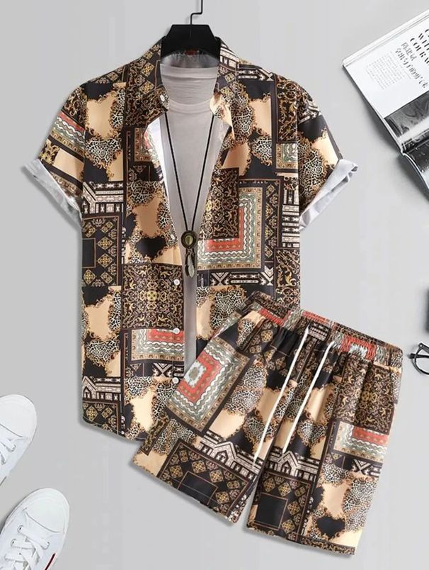 Men's Clothing Floral Beach Short Sleeve Casual Loose Shirt Shorts Suit_viptrois.com