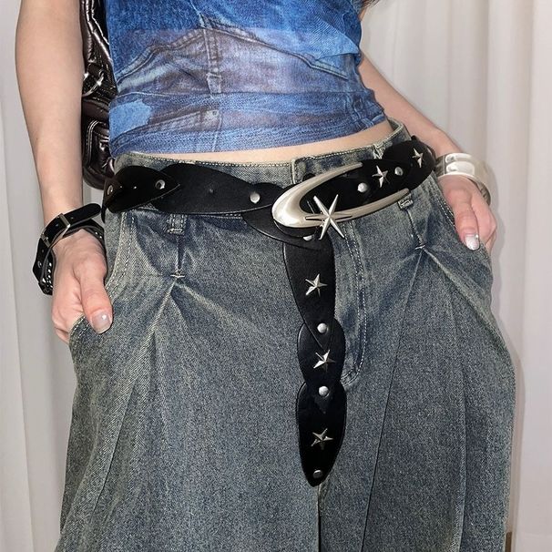 Instagram five pointed star studded waistband, women's pants with punk style circular flying ring design belt_viptrois.com