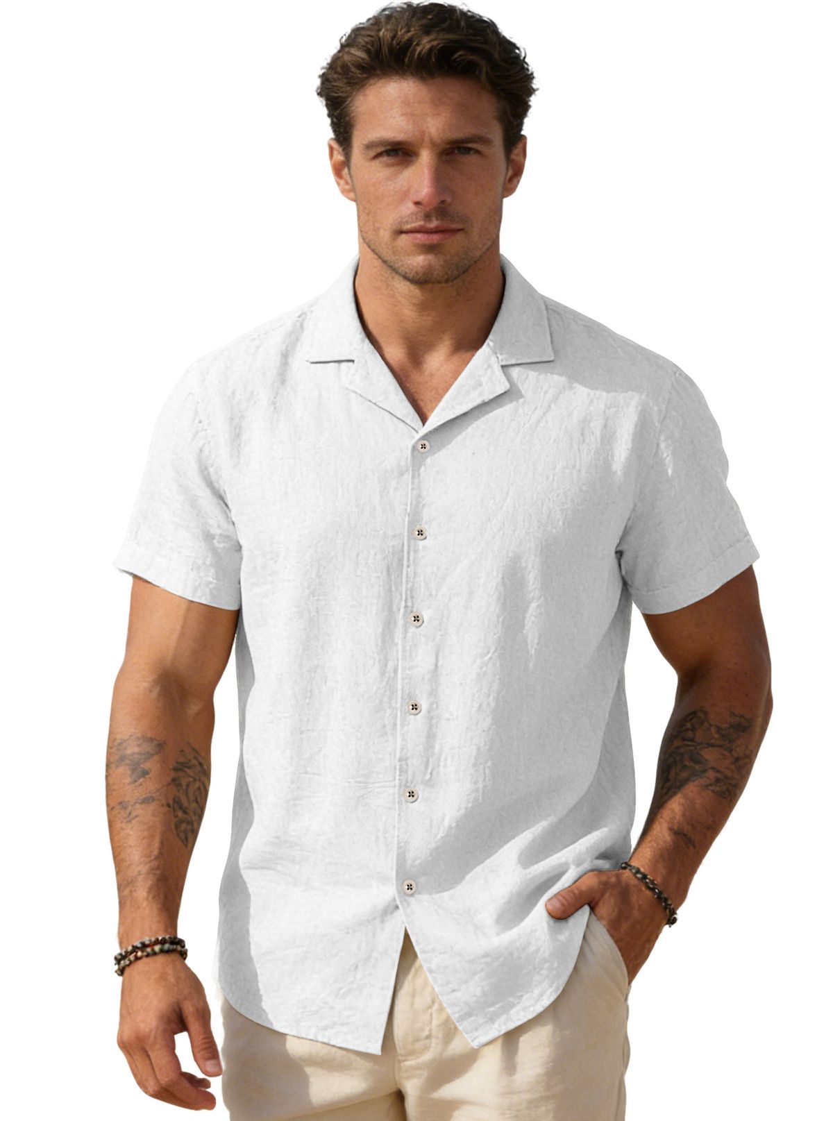 Men's Linen-Blend Short Sleeve Shirt, Casual Lapel Collar Solid Color Breathable Top For Summer, Lightweight Wrinkle-Resistant Relaxed Fit Shirt_viptrois.com