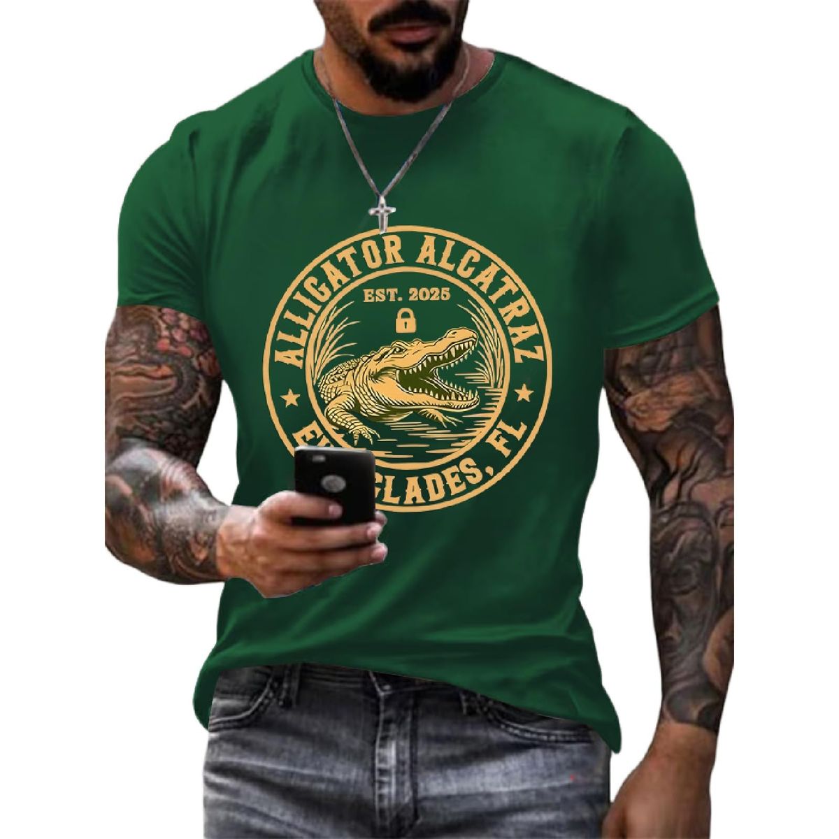 Men's Alligator Print T-Shirt – Breathable Polyester Crew Neck Tee (S-5XL, 180GSM, Summer Casual, 20+ Colors)_viptrois.com