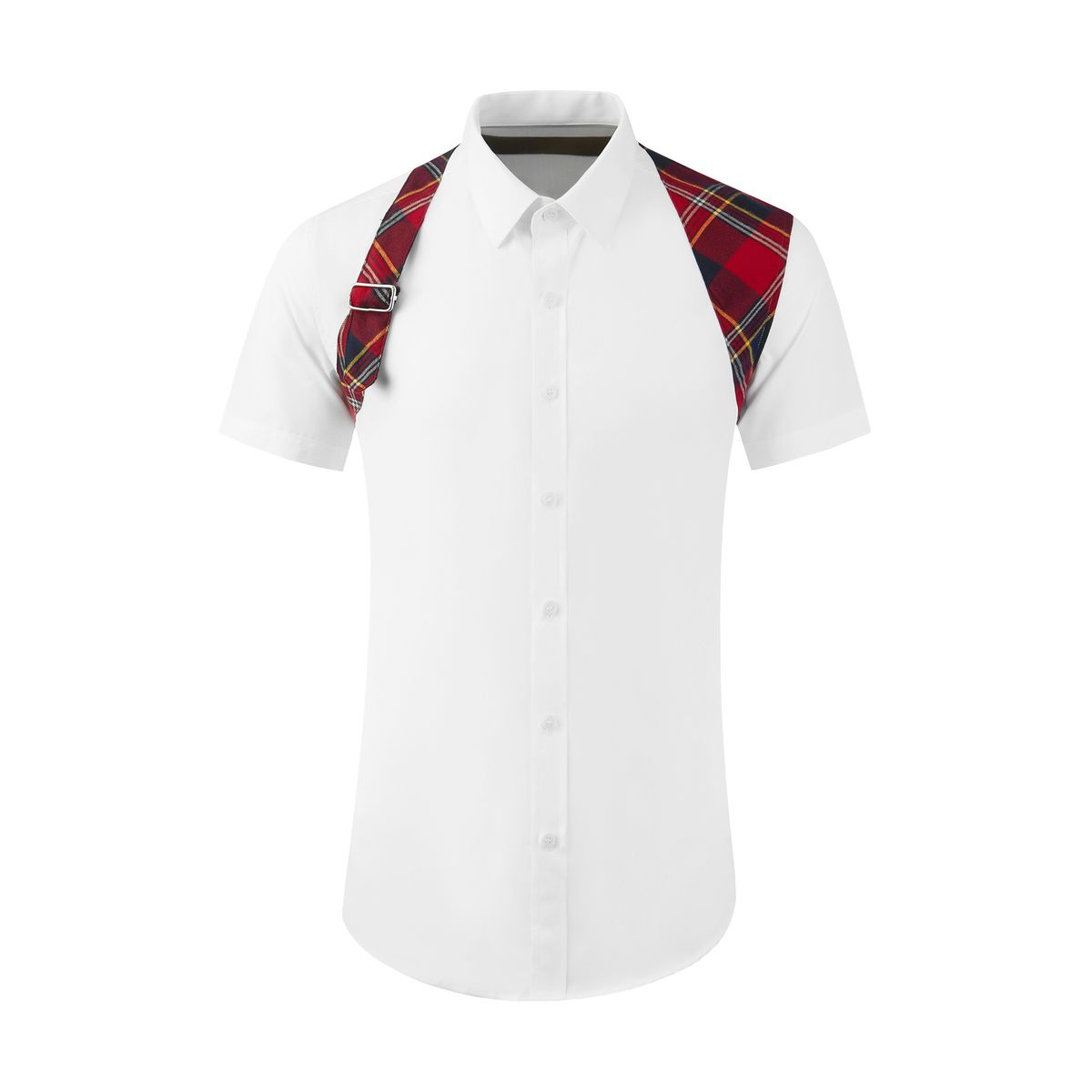 Men's Plaid & Contrast-Panel Short-Sleeve Shirt – Streetwear-Inspired Workwear Design, Slim Fit (Black/White)_viptrois.com