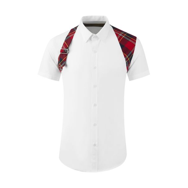 Men's Plaid & Contrast-Panel Short-Sleeve Shirt – Streetwear-Inspired Workwear Design, Slim Fit (Black/White)_viptrois.com