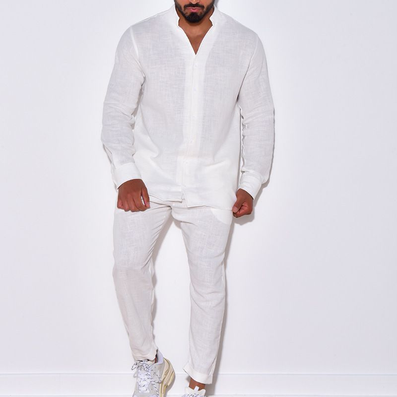 Men's Linen Long-Sleeve Shirt & Pants Set – Breathable Summer Casual Outfit In White/Black/Khaki (S-XXXL, Lightweight & Wrinkle-Resistant)_viptrois.com