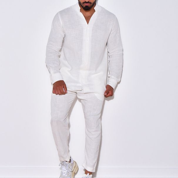 Men's Linen Long-Sleeve Shirt & Pants Set – Breathable Summer Casual Outfit In White/Black/Khaki (S-XXXL, Lightweight & Wrinkle-Resistant)_viptrois.com
