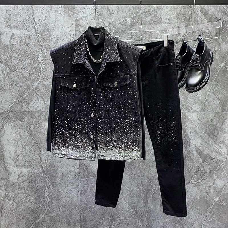 Men's Clothing Hot Drilled Star Studded Denim Vest Jacket Street Rocking And Versatile Loose Sleeveless Vest Vest Trend_viptrois.com