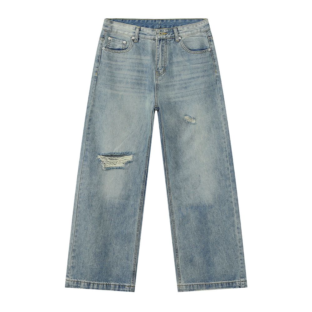 Men's Clothing Distressed High Street Ripped White Loose Wide Leg Vibe Jeans_viptrois.com