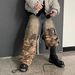 Men's Clothing Stitching Two Piece Camouflage Work Pants, Unisex Straight Leg Multi Pocket Color Blocked Jeans_viptrois.com