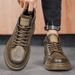 Men's Casual Leather Sneakers - Waterproof Slip-Resistant Soft Sole Oxford Shoes For Autumn & Spring (Khaki/Black)_viptrois.com
