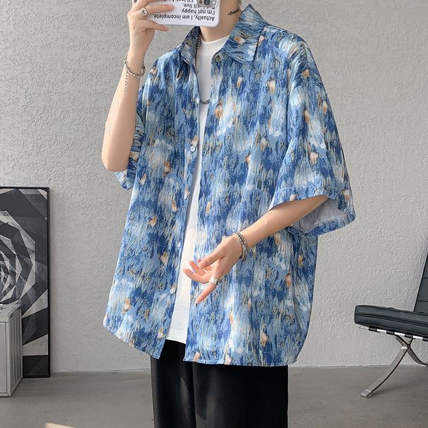 Dopamine Tie Dye Short Sleeved Shirt For Men's Summer Vintage Design, Floral Shirt, Ice Silk Jacket_viptrois.com
