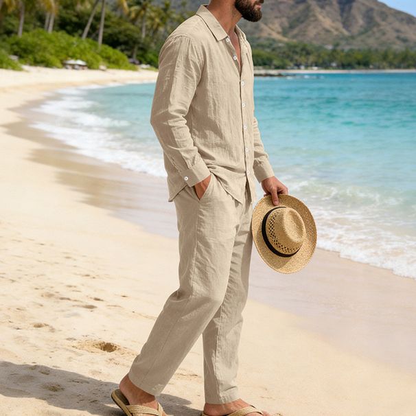 Men's Casual Long Sleeve Shirt And Straight Leg Pants Set Relaxed Fit Spring Fall Outfit_viptrois.com