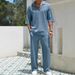 Men's Clothing Men's Casual Short Sleeve Shirt & Long Pants Set - Breathable Polyester Blend, Comfortable Summer Outfit For Office Travel_viptrois.com