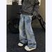 American Lightning Pattern Curved Knife Jeans Men's Trendy High Street Vibe Style Couple Straight Leg Micro Flared Pants_viptrois.com