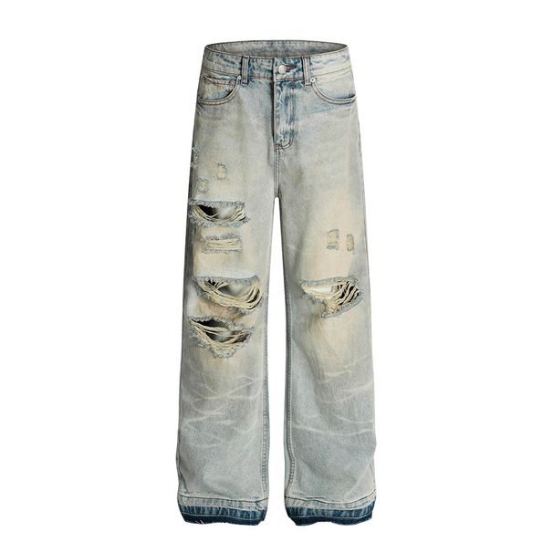 Post-Apocalyptic Heavy Industry Distressed Washed Denim Men Street Fashion Vintage Frayed Hem Beggar Style Straight_viptrois.com