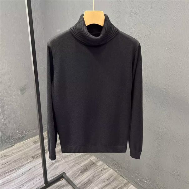 Pure Black Sweater Men's Autumn And Winter New Casual Stretch Bottoming Shirt Slim Youth Turn High Coll Fleece-lined_viptrois.com