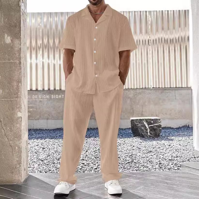 Men's Clothing Commuter Suit Casual Button Shirt Short Sleeved Trousers Men's Outing Trend_viptrois.com