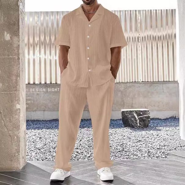 Men's Clothing Commuter Suit Casual Button Shirt Short Sleeved Trousers Men's Outing Trend_viptrois.com