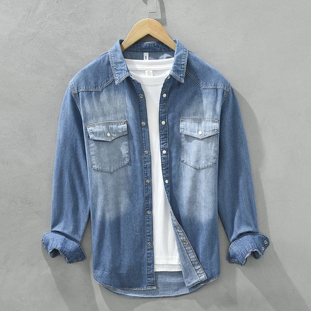 8807 Japanese Retro Denim Long Sleeve Trendy Versatile Gradient Casual Men's Shirt Jacket One Piece Dropshipping_viptrois.com