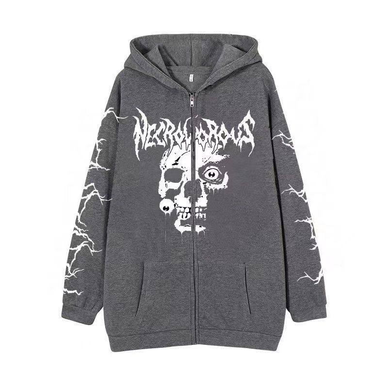Gothic Y2K Unisex Hoodie With Skull Print - Oversized Zip-Up Streetwear Sweatshirt For Men & Women - Dark Aesthetic Pullover (Black, White, Gray, )_viptrois.com