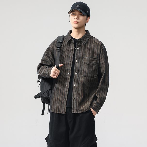 Nordmann Classic Retro Distressed Striped Long Sleeve For Men, Autumn 2025 New Trendy Versatile Loose Casual Shirt_viptrois.com