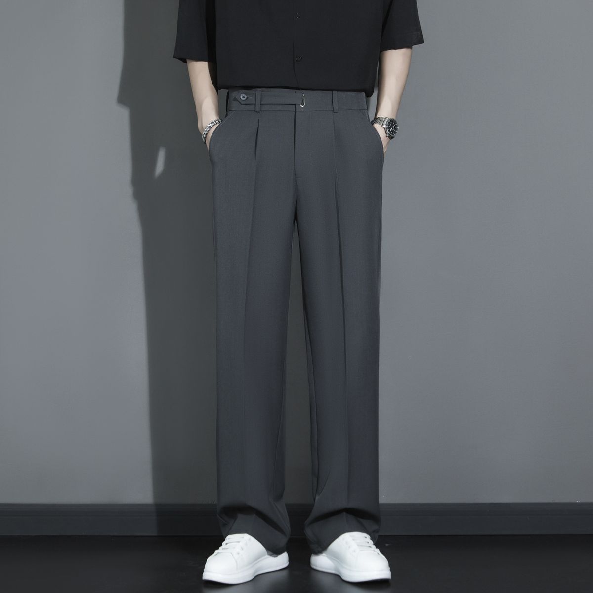 Men's High-Waisted Black Suit Pants Casual Clean Fit Stylish Sophisticated Loose Wide Leg Straight Leg Bottoms_viptrois.com