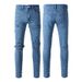 Men's Clothing same style cat whisker wrinkled blue patchwork hole elastic slim fit skinny jeans jeans_viptrois.com