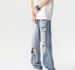 Heavy Straight Vibe Wind Ripped Jeans Boys 2024 New Trendy Brand Loose Casual Beggar Slightly Pulled Trousers_viptrois.com