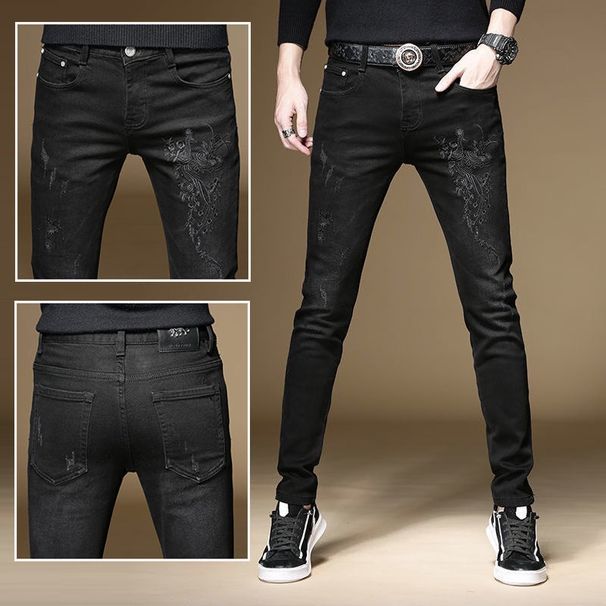 Loom High-End Light Men's Jeans 2025 New Embroidered Floral Stretch Slim Fit Casual Versatile Skinny Pants_viptrois.com
