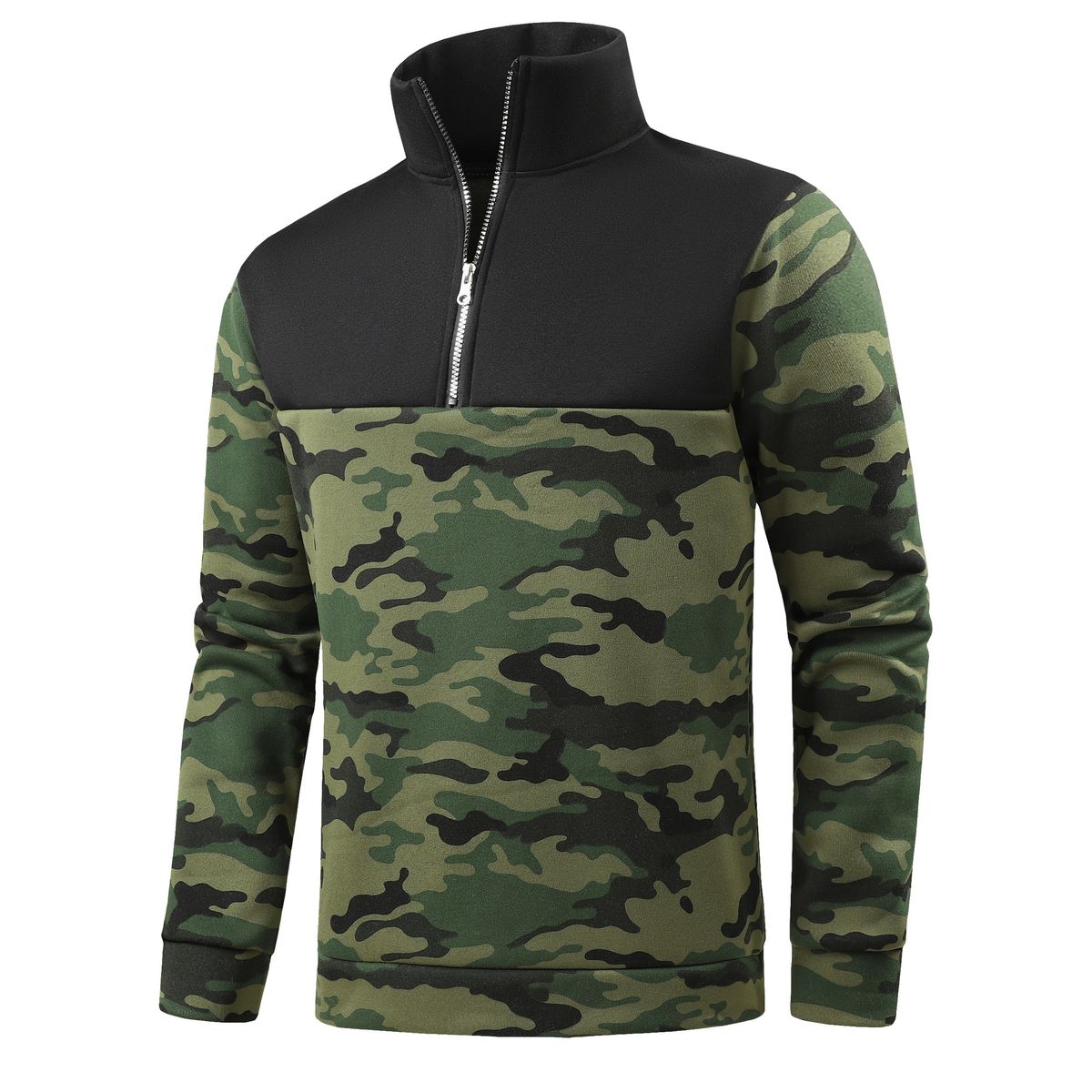 Men's Fleece-Lined Camo Half-Zip Sweatshirt - Winter Stand Collar Pullover, Soft Velvet Interior, Trendy Streetwear (Black/Camo Green/Khaki)_viptrois.com