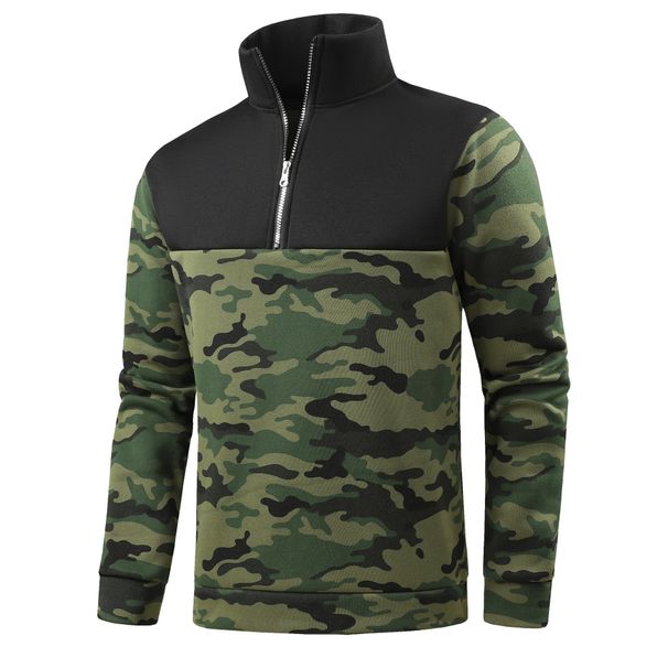 Men's Fleece-Lined Camo Half-Zip Sweatshirt - Winter Stand Collar Pullover, Soft Velvet Interior, Trendy Streetwear (Black/Camo Green/Khaki)_viptrois.com