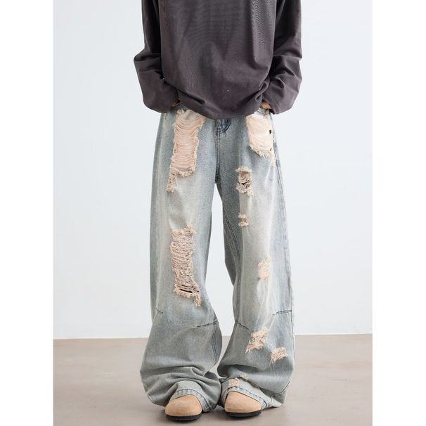 Light Blue Washed Ripped Beggar Pants Men And Women Loose Street Design Fashionable Jeans_viptrois.com
