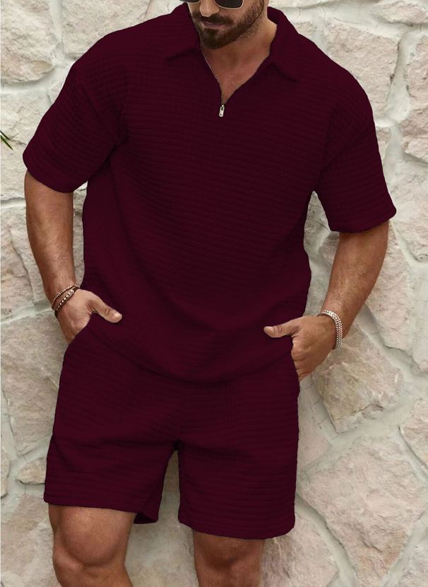 Men's Summer Waffle Knit Polo Shirt & Shorts Set - Breathable Lightweight Casual Outfit For Gym, Travel & Daily Wear_viptrois.com