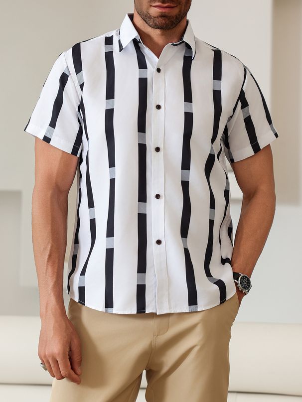 Hot Sale Men's Short Sleeve Striped Shirt Digital Printing Fashion Trend Casual Men's Lapel Shirt_viptrois.com