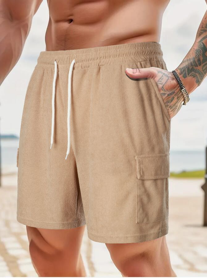 Men's Solid Color Corduroy Sports Pants Summer Lace Up Five Point Casual Shorts With Multi Pockets_viptrois.com