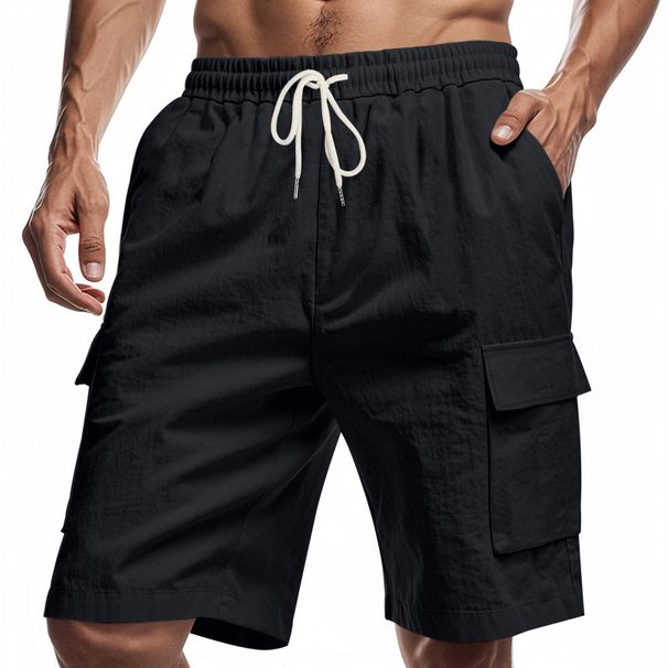 Men's Clothing Multi Pocket Work Shorts Sports Casual Loose Solid Color Linen Drawstring Shorts_viptrois.com