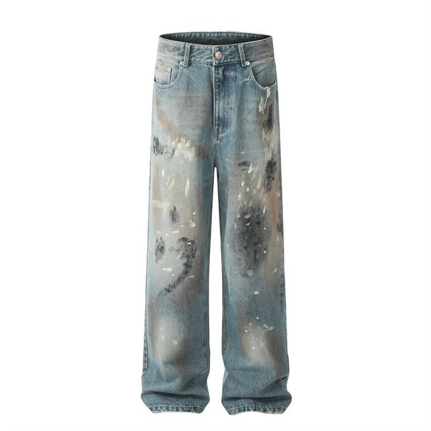 American Vintage Ink Splash Jeans Men's Wasteland Style High Street Hip Hop Trend Loose Straight Wide Leg Long Pants_viptrois.com