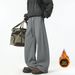 Men's Black Curved Sweatpants American Style Fleece Lined Straight Wide Leg Pants Trendy Loose Fit Sporty Casual Long Autumn Winter_viptrois.com