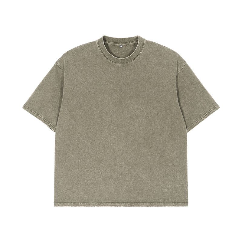 Men's Clothing Trendy Brand Heavy Washed Distressed T Shirt American Retro Solid Color Loose Drop Shoulder Men's Short Sleeve_viptrois.com