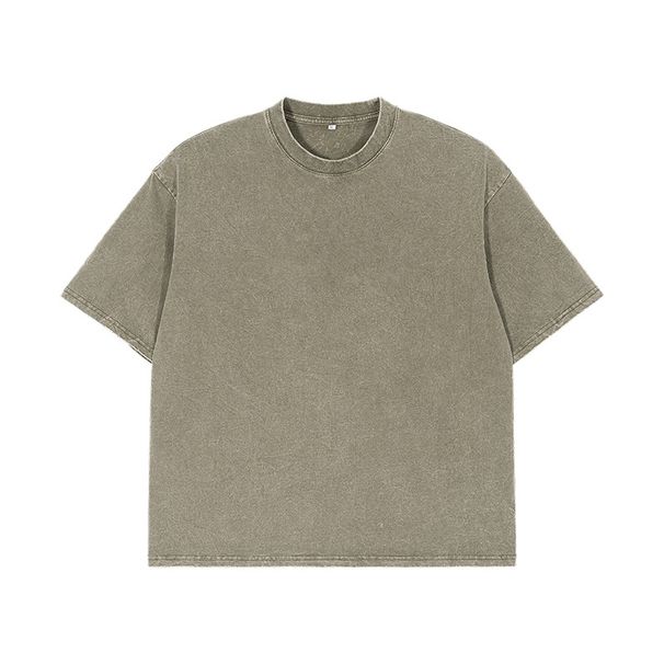 Men's Clothing Trendy Brand Heavy Washed Distressed T Shirt American Retro Solid Color Loose Drop Shoulder Men's Short Sleeve_viptrois.com