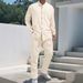 Men's Clothing Retro Stand Collar Linen Shirt & Pants Set Casual Long Sleeve Button-Up Top Relaxed Fit Trousers (White, Navy, Army Green)_viptrois.com