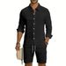 Men's Linen Blend Long Sleeve Shirt & Cargo Shorts Set | Relaxed Fit Multi-Pocket Workwear Style Summer Outfit_viptrois.com