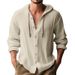 Men's Clothing Solid Color Casual Long Sleeved Shirt Hooded Drawstring Cotton And Linen Cardigan Trendy All Match Loose Beach T Shirt_viptrois.com