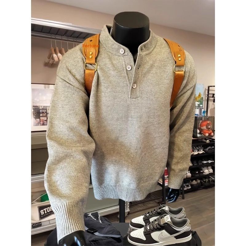 Pure Gray American Style Henley Collar For Men, Autumn Winter 2025 New Warm Knitted Cardigan, Inner Layer Sweater_viptrois.com