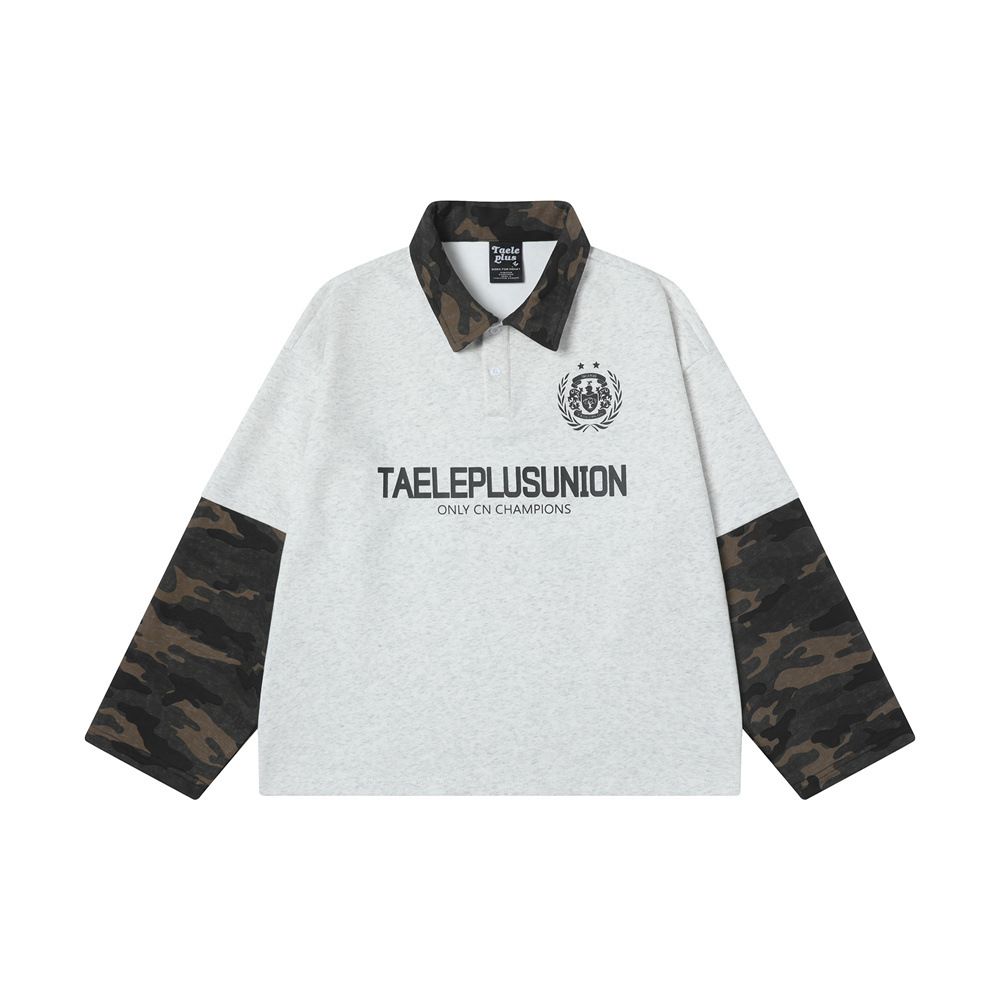 Two-Piece Camouflage Patchwork Long Sleeve Polo Shirt Sweatshirt American Street Fashion Spring Autumn Men's Letter_viptrois.com