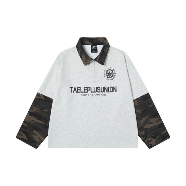 Two-Piece Camouflage Patchwork Long Sleeve Polo Shirt Sweatshirt American Street Fashion Spring Autumn Men's Letter_viptrois.com