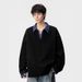 Men's V-Neck Color Block Fleece Hoodie, Long Sleeve Polo Pullover Sweatshirt, Streetwear Casual Top (Black, Beige, Purple, Grey Green)_viptrois.com