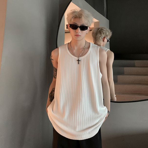 Textured Ice Silk Vest For Men 2025 Summer New Youth Sports Loose Base Sleeveless T-Shirt Tank Top_viptrois.com